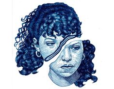 two women's faces are depicted in blue ink on white paper with curly hair