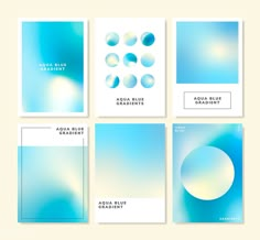 four blue and white brochures with rounded shapes