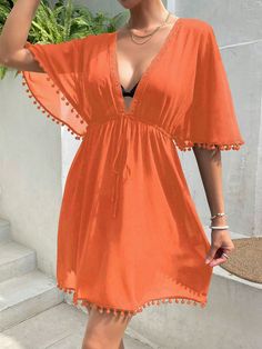 Naranja  Collar manga media Tela tricotada Color combinado,Liso  Embellished No-Elástico Womens Resort Wear Outfits, Spain Outfit Ideas, Morrocan Fashion, Outfits For Spain, Spain Outfit, Chic Romper, Jumpsuit Chic, Breezy Dress, Flirty Dresses