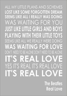 the beatles's real love song is shown in grey and white on a gray background