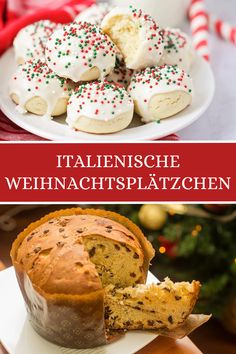 christmas desserts with white chocolate and sprinkles on them are shown in this collage