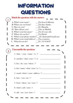 the information question sheet for students to use in their writing and speaking skills, including