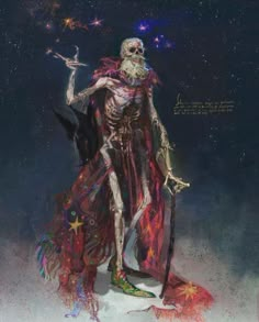 a drawing of a skeleton holding a wand and wearing a long dress with stars on it