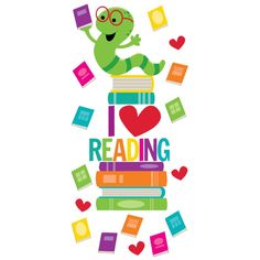 an i love reading sign with books and hearts flying around it, as well as the words