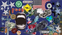 a collage of various items including a mouth, tongue and stars