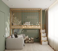 a living room filled with furniture next to a stair case covered in plants and candles