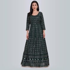 Introducing our Sequin And Resham work Anarkali Gown Dress in green! This gorgeous gown is perfect for making a statement at any special occasion. The sequin work adds a touch of sparkle, while the beautiful floral embroidery provides a feminine touch. The flowing silhouette is flattering and comfortable, sure to make you feel like a princess on your special day. Don't miss out on this show-stopping dress - order now! #chirosbyjigyasa #indianclothingusa Embellished Green Dress For Navratri, Bollywood Style Embellished Green Anarkali Set, Green Embellished Floor-length Kurta, Embellished Green Georgette Anarkali Set, Embellished Green Anarkali Set For Eid, Floor-length Sequined Kurta For Eid, Eid Embellished Green Anarkali Set, Green Georgette Gown With Cutdana Detail, Green Georgette Gown With Cutdana