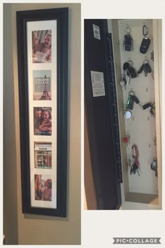 two pictures of the same wall hanging in a room with key hooks and keys on it