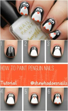 Penguin Power - 20 Fantastic DIY Christmas Nail Art Designs That Are Borderline Genius Diy Christmas Nail Art, Penguin Nails, Christmas Nails Diy, Unghie Nail Art, Cute Christmas Nails, Nail Art Designs Diy, Christmas Nail Art Designs