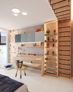 a bedroom with shelves and toys on the wall