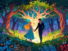 a man and woman holding hands in the woods