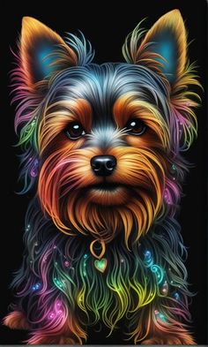 a colorful dog is shown on a black background