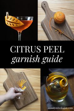 the citrus peel garnish guide includes oranges, lemons, and gin