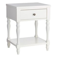 a white nightstand table with two drawers on one side and an open drawer on the other