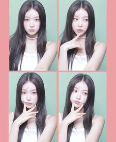 four different pictures of a woman with long black hair and white tank top holding her hand to her face