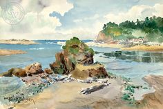 a watercolor painting of the ocean with rocks and trees in the foreground, and clouds in the background