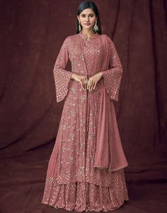 Rose Pink Lehenga style Salwar Suit Semi-Stitched Suits Salwar Kameez in Embroidery Rose Pink Lehenga, Lehenga Online Shopping, Long Choli Lehenga, Peach Jacket, Georgette Anarkali Suits, Salmon Peach, Marriage Dress, Georgette Tops, Lehenga Online