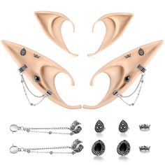 an assortment of jewelry including earrings, chains and earring hooks on a white background