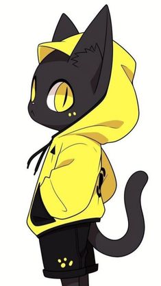 a black cat wearing a yellow hoodie and standing in front of a white background