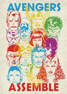 an album cover with the words avengerss assemble in different colors and sizes on it