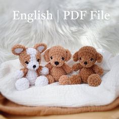 three small stuffed animals sitting on top of a white blanket with the words english / pdf file