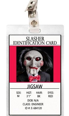 an id card with a creepy face and red eyes