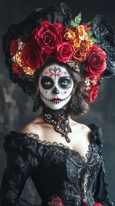 a woman with makeup painted to look like a skeleton and roses on her head, wearing a black dress