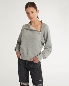 So Uptight Funnel Neck Zip Sweatshirt_Heather Grey_Lookbook Marissa Webb, Cozy Style, Exposed Zipper, Zipper Detail, Funnel Neck, Zip Sweatshirt, High Waisted Denim, Comfortable Fashion, Funnel