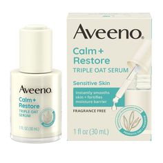 Aveeno Calm + Restore Triple Oat Serum designed for sensitive skin with nourishing oat goes beyond soothing & restores skin's natural moisture barrier. The hydrating face serum absorbs quickly & leaves skin feeling soothed & hydrated after just one use. In fact, 92% agreed skin felt instantly smooth. Lightweight serum with a Triple Oat Complex soothes & nourishes skin plus calming feverfew, known to effectively calm irritated, dry skin while strengthening skin's moisture barrier. The hypoallerge Serum For Sensitive Skin, The Ordinary Peeling Solution, Hydrating Face Serum, Dermatologist Recommended Skincare, Moisturizer For Sensitive Skin, Skin Therapy, Facial Moisturizers, Hydrating Serum, Face Hydration