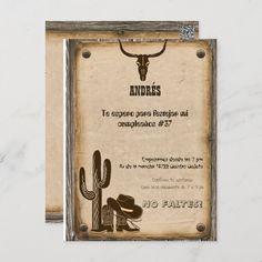 an old western birthday party card with a cow skull and cowboy boots on the front