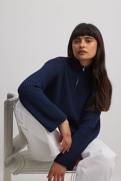 High Neck Zipped Knitted Sweater Blue | NA-KD Feminine Shirts, Heavy Knit Sweater, Waffle Knit Sweater, Navy Sweater, Kids Denim, Heavy Knit, Cashmere Turtleneck, Knitted Coat, Polo Neck