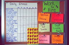 a bulletin board with sticky notes attached to it that says work for hire and cleaning hours