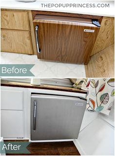 before and after photos of a kitchen remodel with wood cabinets, stainless steel dishwasher