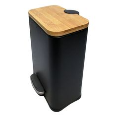 a black trash can with a wooden lid