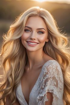 a beautiful blonde woman with long hair posing for a photo in the sun at sunset