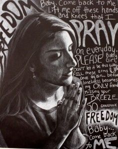 a drawing of a woman praying in front of a wall with words written on it