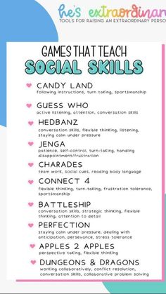 a poster with the words games that teach social skills