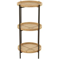 three tiered shelf with two baskets on each side and black metal frame, against a white background