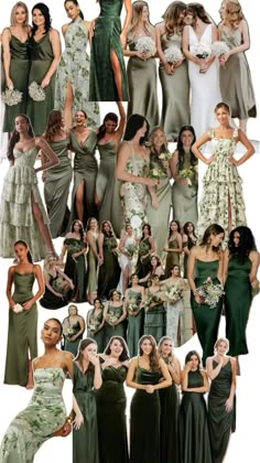 many different types of dresses are shown in this collage, including green and white