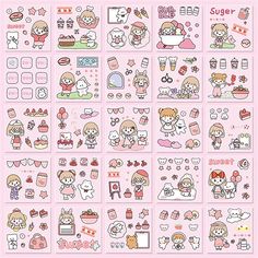 the various stickers are arranged in different styles and colors, including hello kitty's