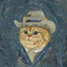 a painting of a cat wearing a hat and tie