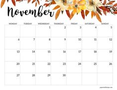 november calendar with watercolor flowers and leaves