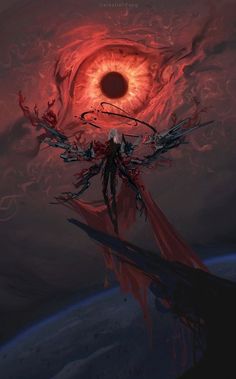 an image of a person standing in front of a red sun with blood flowing from it