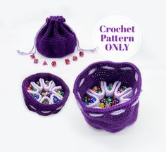 two crochet baskets with beads in them on a white background and the words crochet pattern only