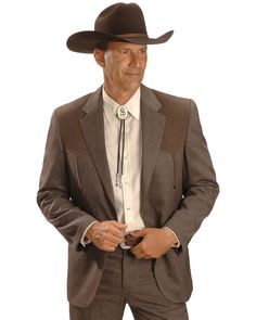 100% polyester with acetate lining. Suede-looking front and back drop arrow yokes. Button closure. Inset flap pockets. Western Sport Coat, Western Suit, Mens Western Wear, Mens Wedding Attire, Western Suits, Estilo Country, Western Dress, Suit Coat, Back Drop