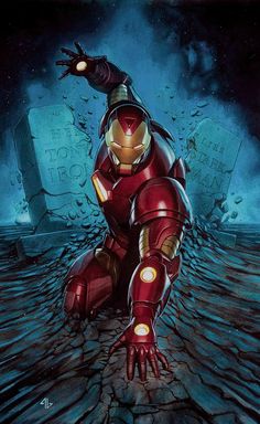 an iron man sitting on the ground with his hands out