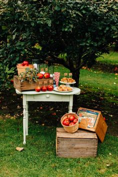 an outdoor picnic with apples and cheese on the table, along with other food items