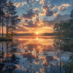 the sun is setting over a lake with trees in the foreground and clouds in the background