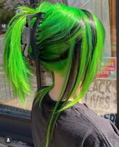 Bright Green Hair, Iron Hairstyles, Black And Green Hair, Split Dyed Hair, Vivid Hair Color, Cute Hair Colors