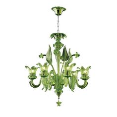 a green chandelier hanging from the ceiling with flowers and leaves painted on it